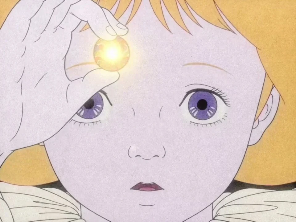 Close-up of the illustrated girl beneath a glowing flower