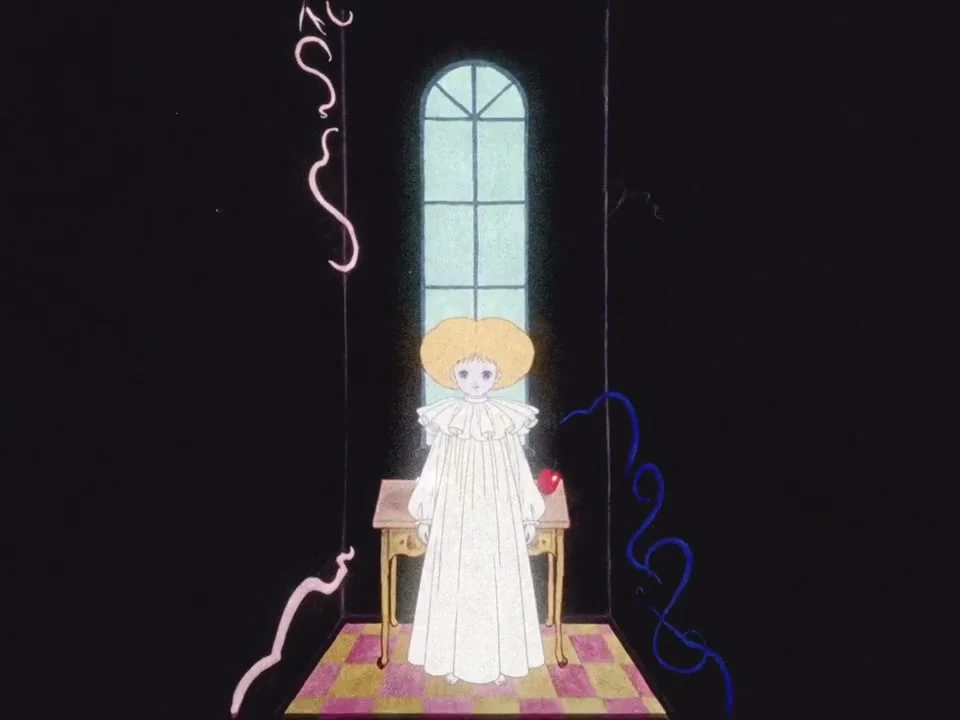 The illustrated girl standing below a tall arched window