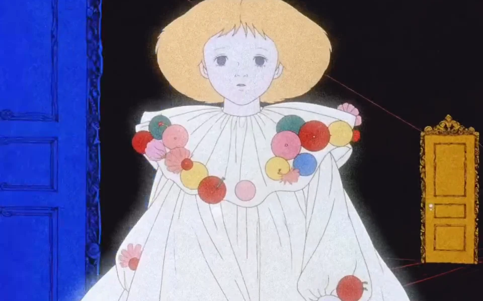 The illustrated girl in a white dress and flower collar beside a blue doorway