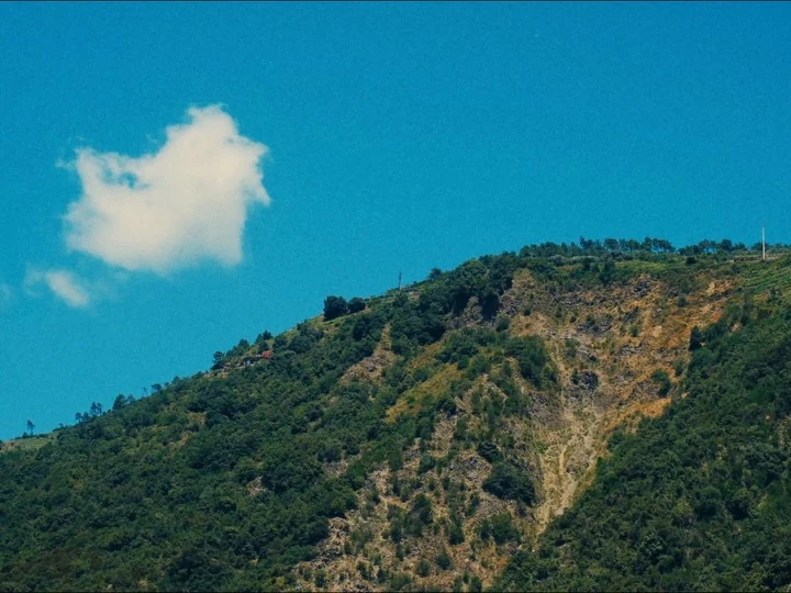 Blue sky above a green coastal hillside