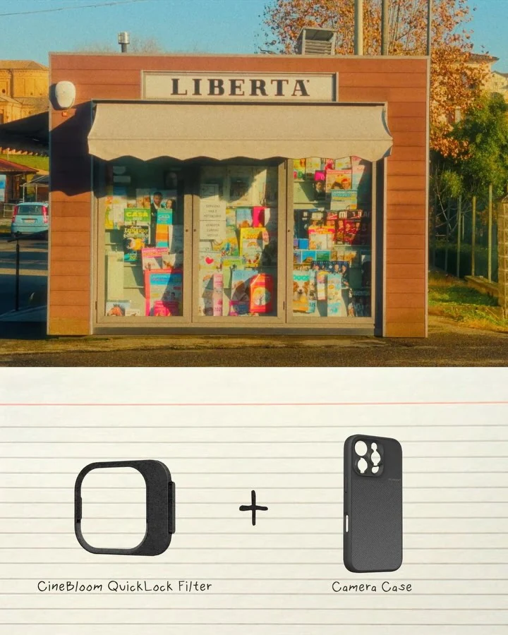 A bookshop facade above a graphic of the lens used