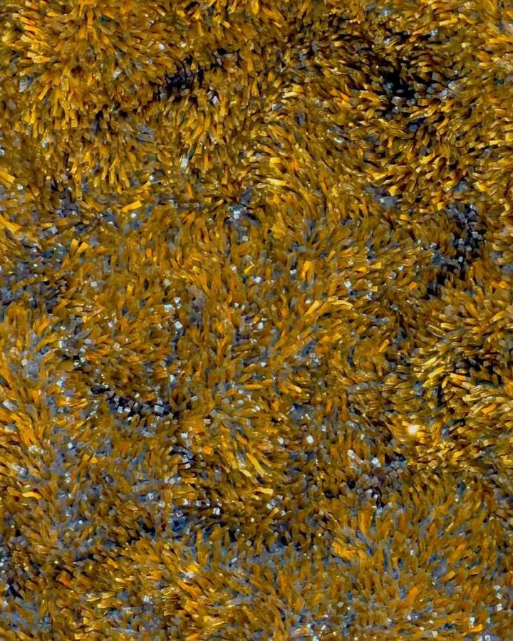 A close view of the blue and gold texture of a mosaic surface