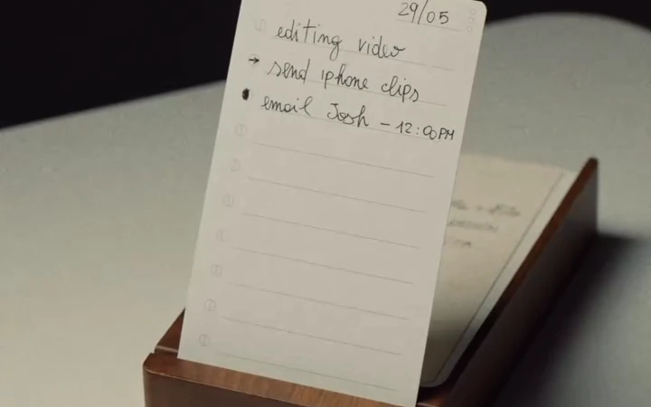 A handwritten Analog card standing in its wooden holder on a light desk